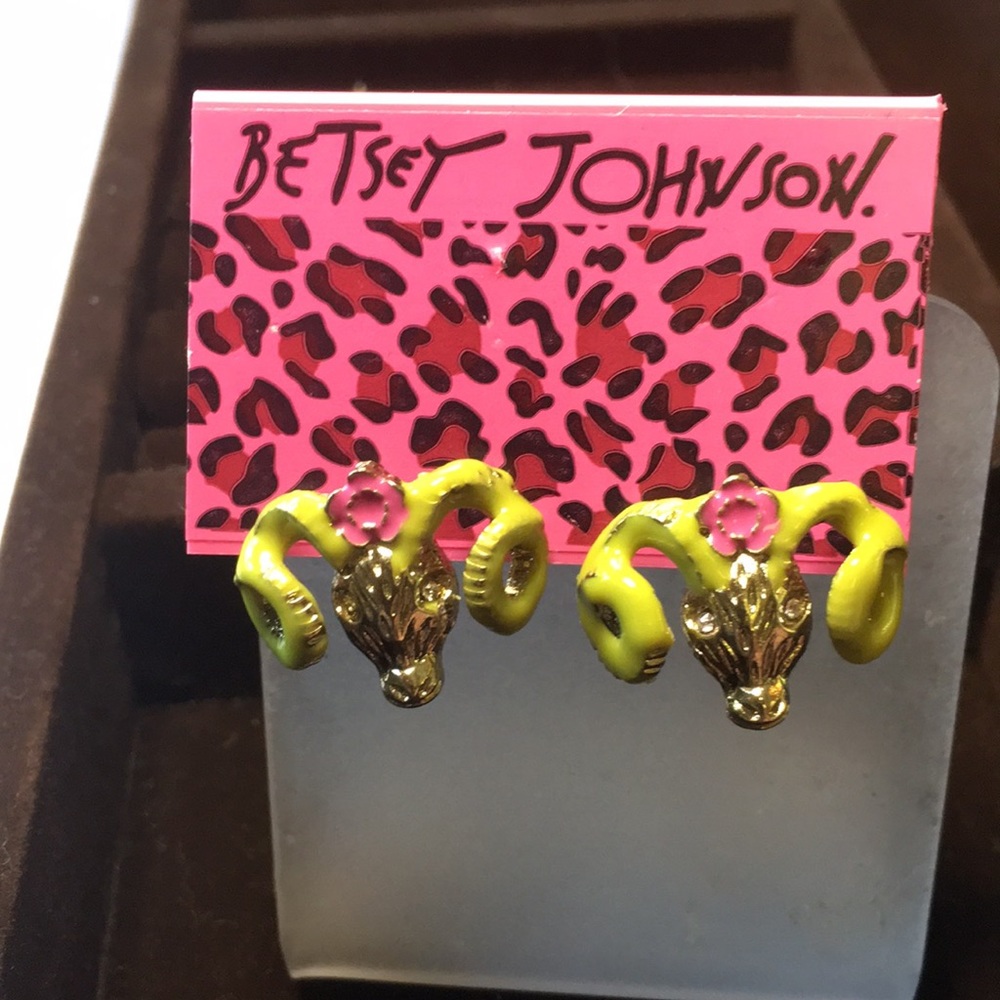 Betsey Johnson Gold ram with enamelled green horns &pink rose detailed earrings.